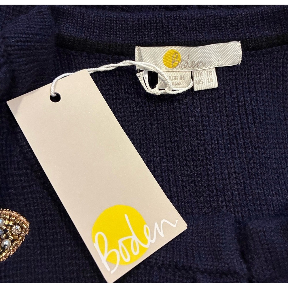 Boden Embellished Bees Sweater Jacket Cardigan Navy Blue Beaded Size 14 US NWT - Picture 6 of 7